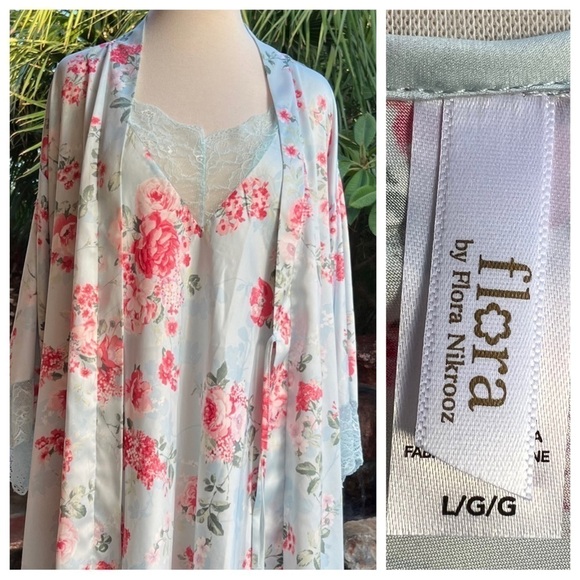 FLORA NIKROOZ 2 Piece Floral Lingerie Set, Nightgown & Robe, Pajama Size L - Picture 1 of 11